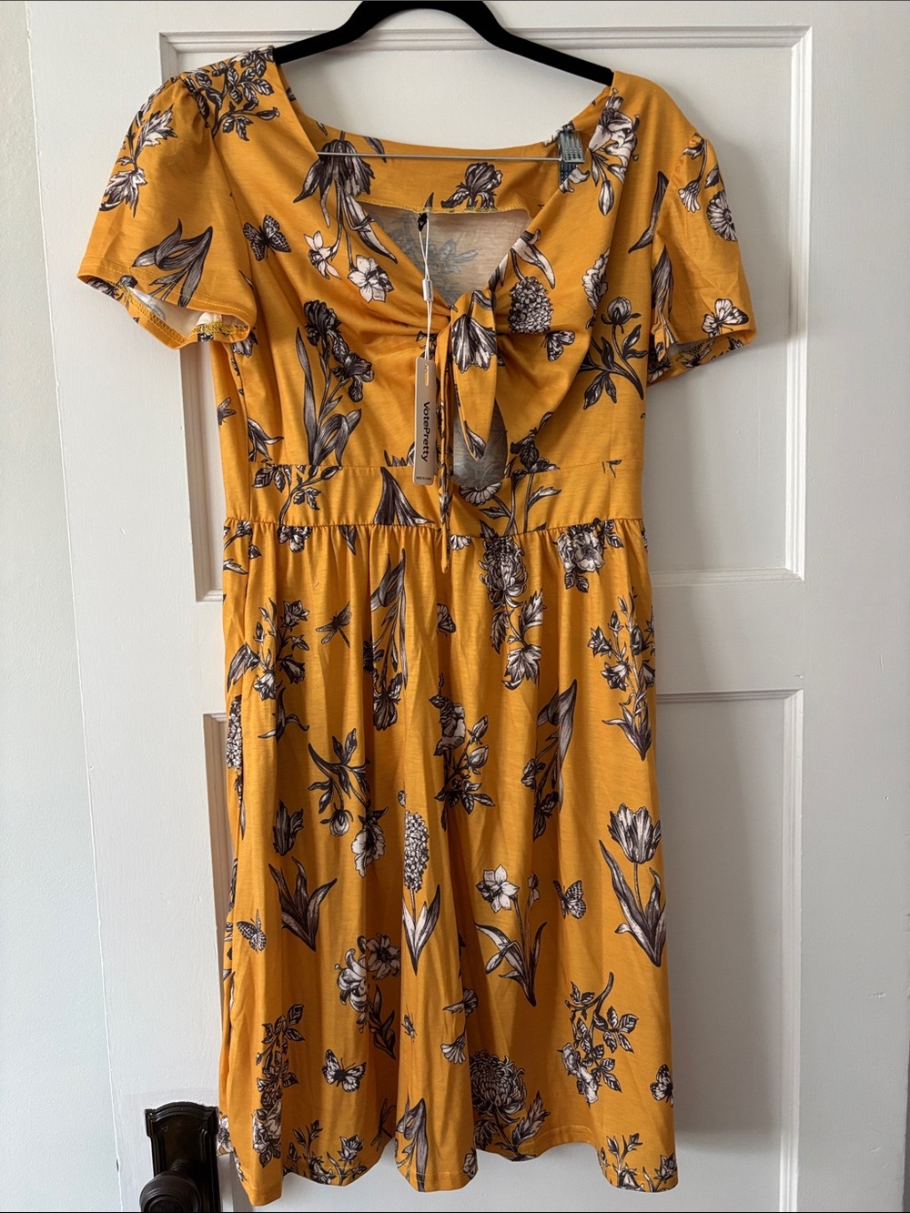 Floral Tie-Front Short Sleeve Midi Dress - Mustard